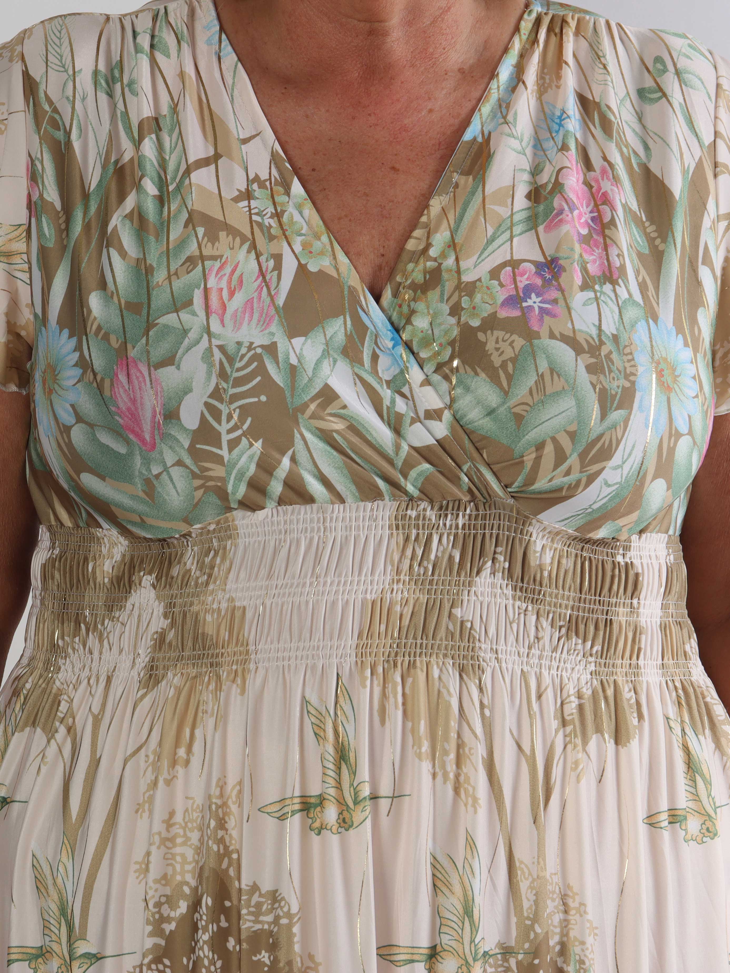 Pams Hummingbird Short - Kort plus size kjole med fuglemotiver og guld detaljer